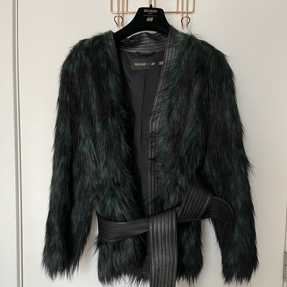 H&M X BALMAIN Dark Green Faux Fur Coat with Belt
